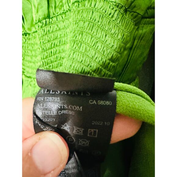 ALLSAINTS Estelle Green Satin Silk Long Sleeve Handkerchief Midi Dress Size 8 - Picture 12 of 14